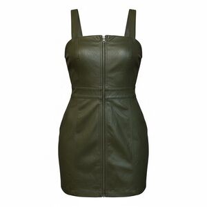 Wild Fable Small Faux Leather Zip Front Olive Green Mini Bodycon Pinafore Dress